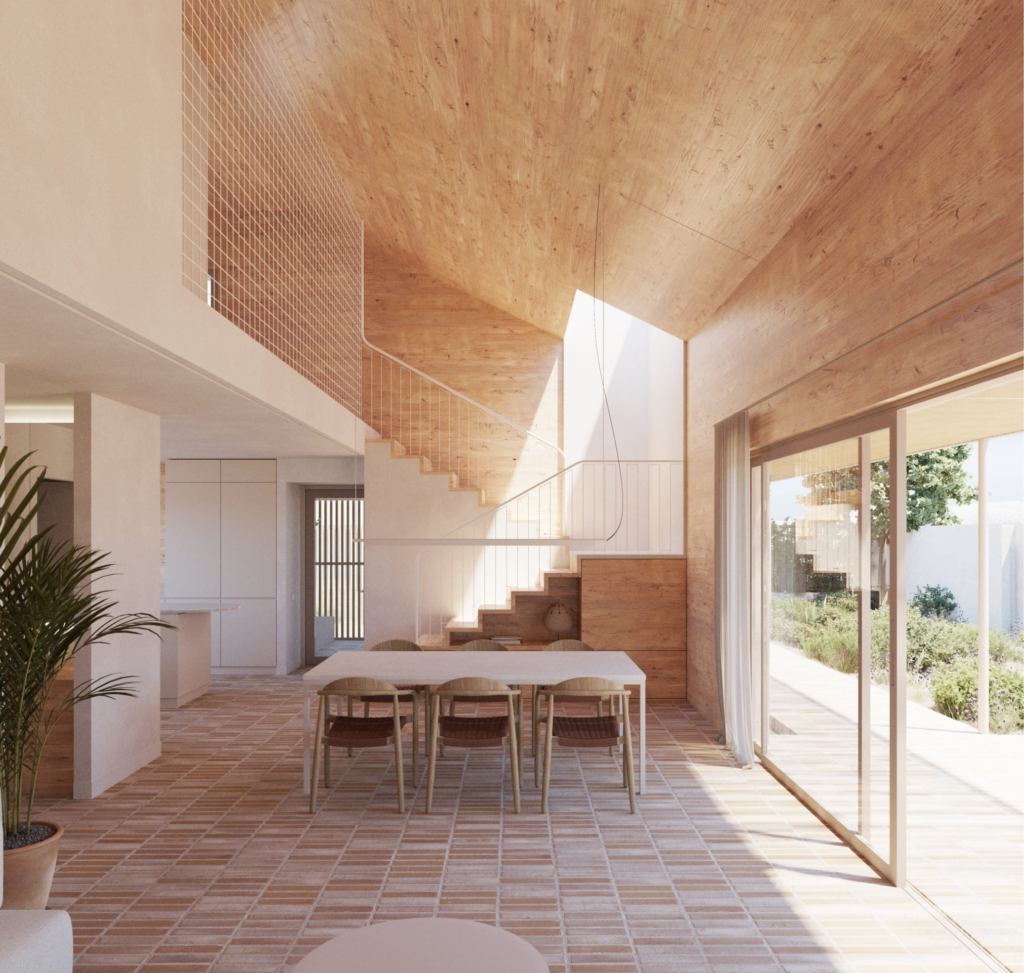 Interior de mesa comedor de una casa con tonalidades de madera
